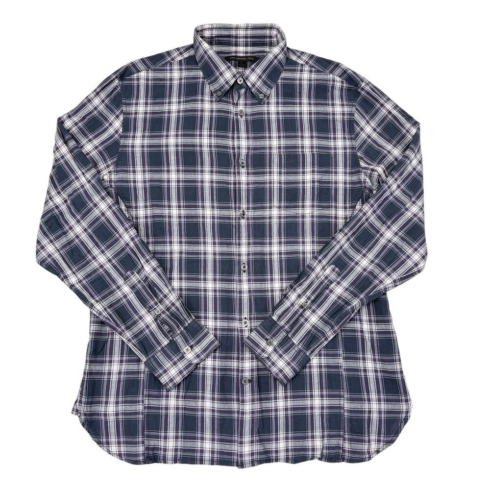 John Varvatos Shirt Mens Size Large Blue Purple Plaid Button Up Casual Travel